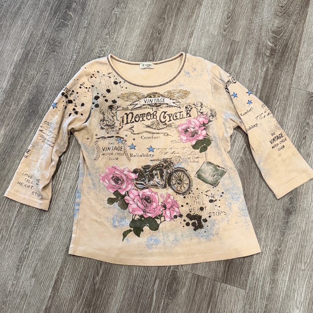 Vintage motorcycle club graphic tee 3/4 sleeve tan beige small